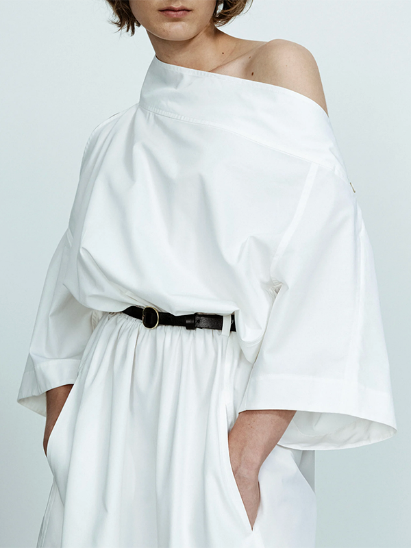 Long Sleeves Loose No Belt Solid Color Off-The-Shoulder Midi Dresses