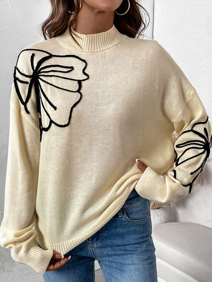 Long Sleeves Loose Flower Shape Split-Joint High Neck Sweater Tops