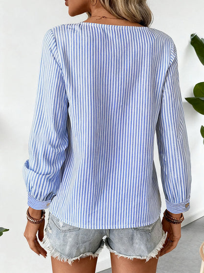 Long Sleeves Buttoned Split-Joint Striped Asymmetric Collar Blouses&Shirts Tops