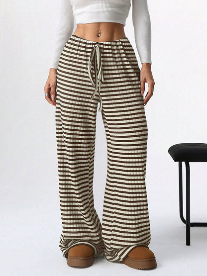Elasticated Waist High Waisted Contrast Color Drawstring Split-Joint Striped Pants