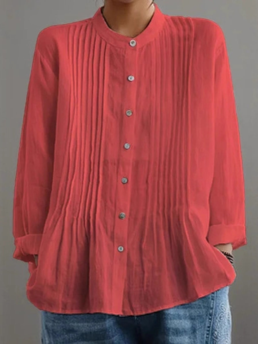 Long Sleeves Loose Buttoned Pleated Solid Color Round-Neck Blouses&Shirts Tops