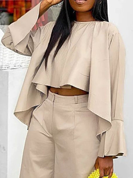 High-Low Loose Pleated Solid Color Split-Joint Round-Neck Blouses&Shirts Tops