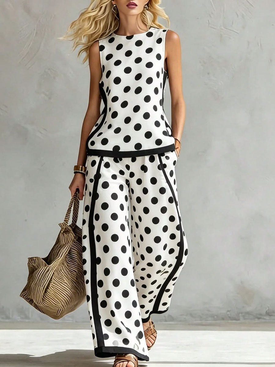 Loose Wide Leg Contrast Color Pockets Polka Dot Striped Pants Trousers
