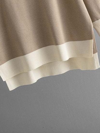 High-Low Contrast Color Split-Side V-Neck Sweater Tops + Elasticity Pants Trousers Two Pieces Set