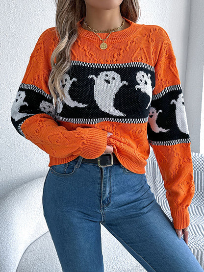 Long Sleeves Loose Contrast Color Split-Joint Round-Neck Pullovers Sweater Tops