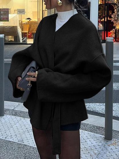 Long Sleeves Loose Solid Color Tied Waist V-Neck Outerwear