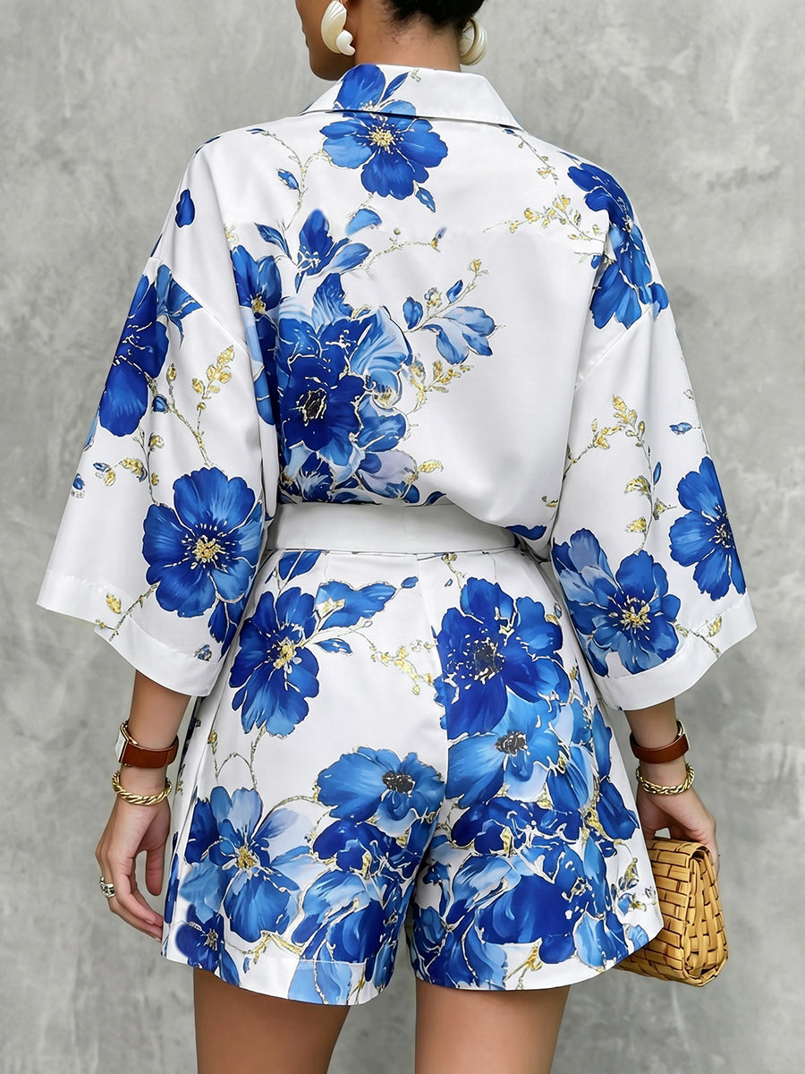 Loose Wide Leg Flower Print Pockets Shorts Bottoms