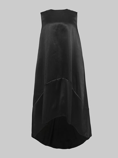 High-Low Loose Solid Color Split-Joint Round-Neck Midi Dresses