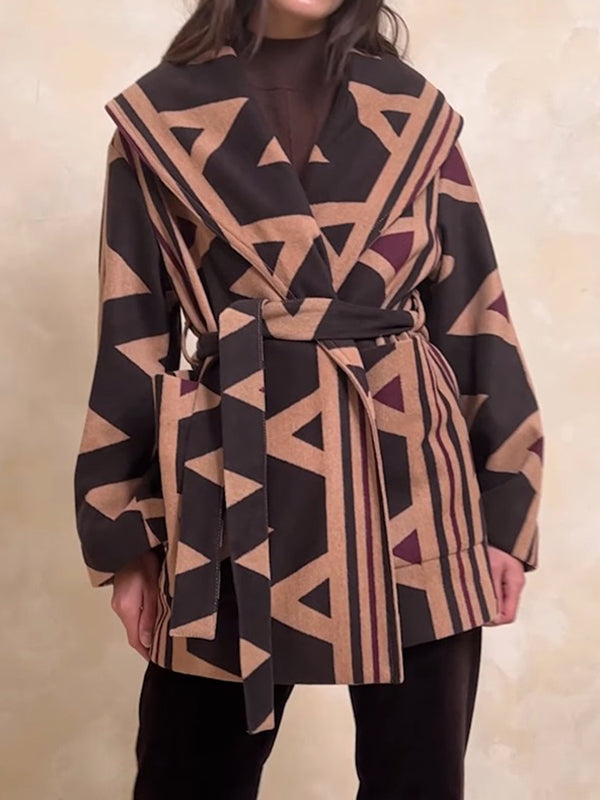 Long Sleeves Loose Pockets Printed Tied Waist Collarless Outerwear Woolen Coat