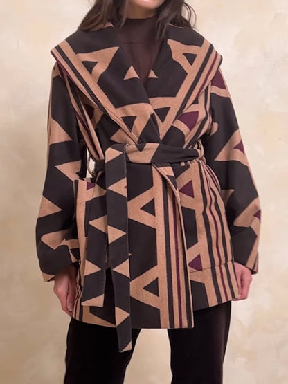 Long Sleeves Loose Pockets Printed Tied Waist Collarless Outerwear Woolen Coat