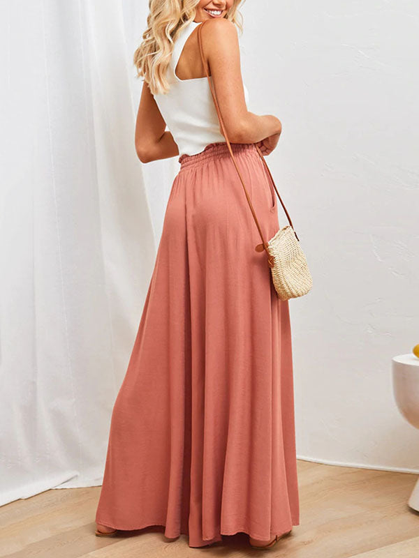 High Waisted Loose Drawstring Elasticity Pockets Solid Color Pants Trousers