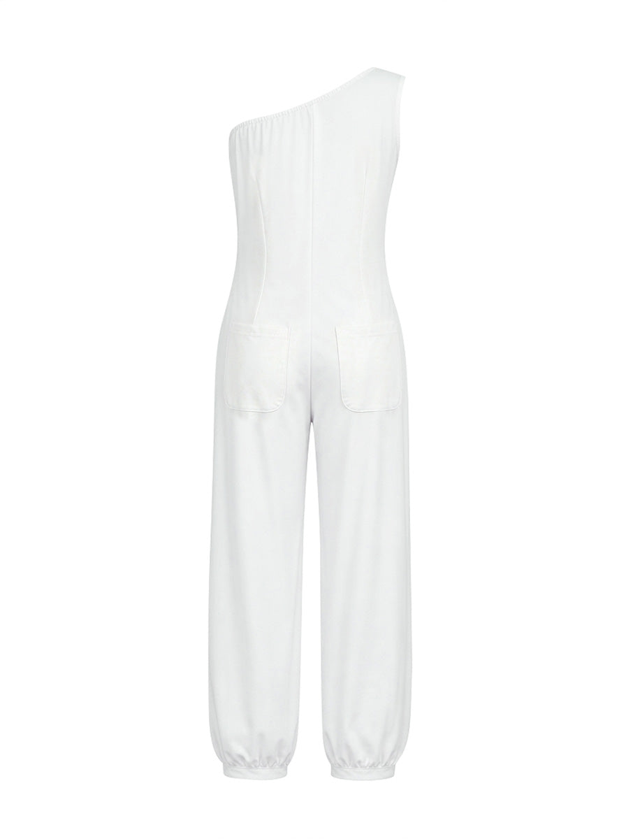Sleeveless Pockets Solid Color One-Shoulder Jumpsuits