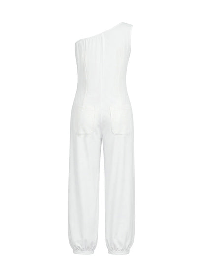 Sleeveless Pockets Solid Color One-Shoulder Jumpsuits