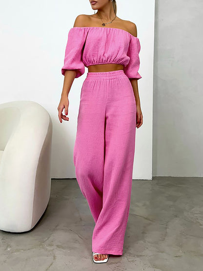 Puff Sleeves Elasticity Solid Color Off-The-Shoulder Vest Top + High Waisted Pants Bottom Two Pieces Set