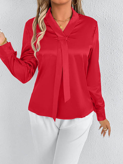Long Sleeves Loose Solid Color Split-Joint Streamer Scarf Collar Blouses&Shirts Tops