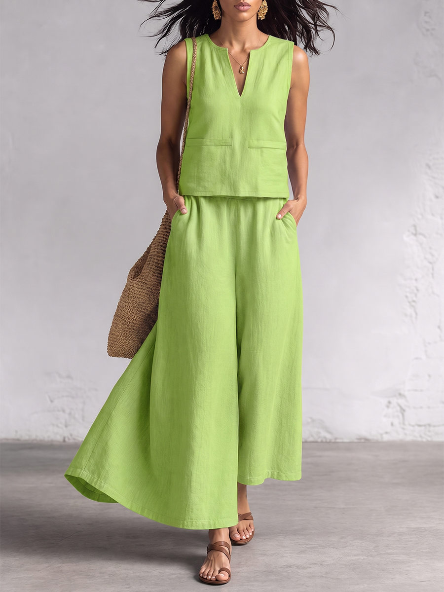 Loose Solid Color V-neck Tank Top + High Waisted Pockets Bottoms Skirts Two Pieces Set