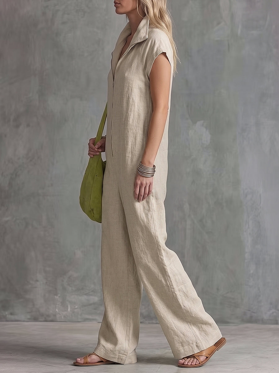Zipper Solid Color Pockets Wide Leg Loose Stand Collar Jumpsuits