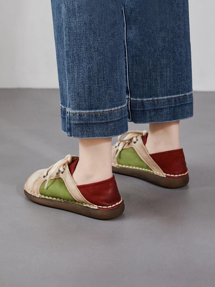 Women Spring Vintage Genuine Leather Spliced Flat Shoes