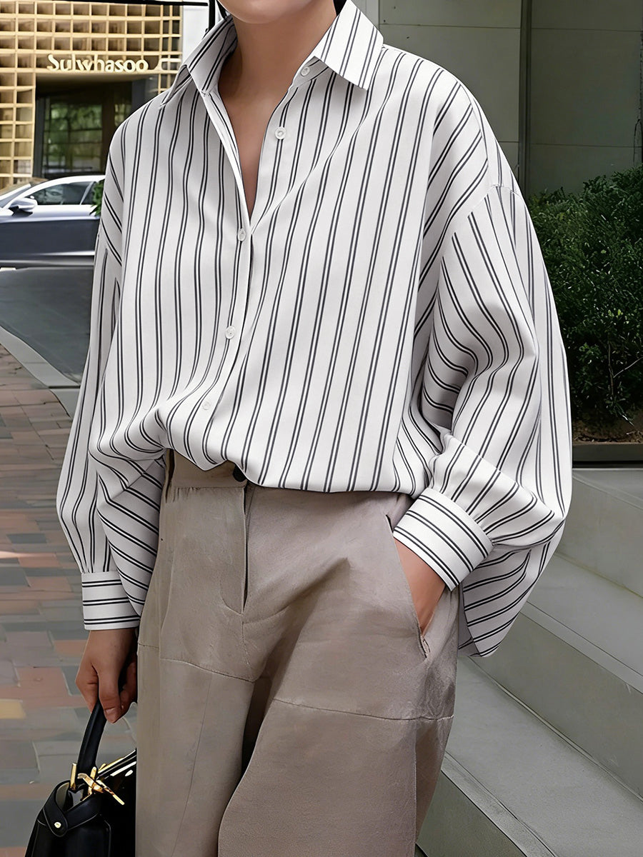 Long Sleeves Loose Buttoned Contrast Color Striped Lapel Blouses&Shirts Tops