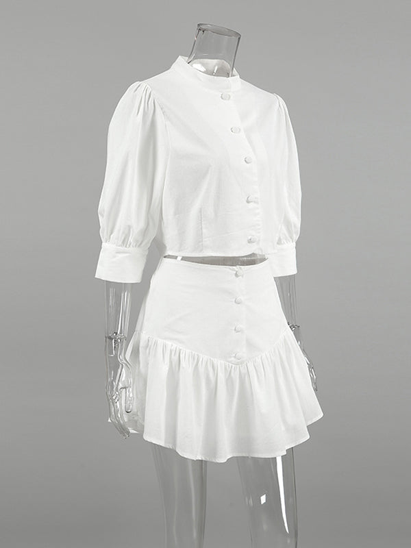 Solid Color Puff Sleeves Split-Joint Stand Collar Blouses + Pleated High Waisted Skirts Two Pieces Set