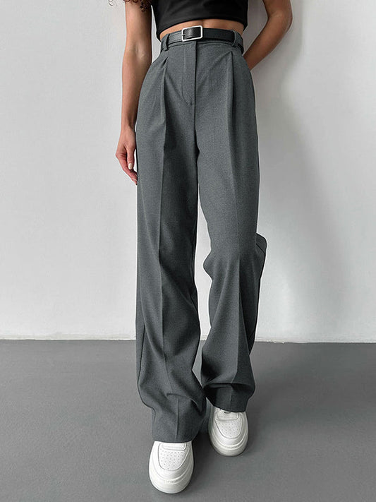 High Waisted Loose No Belt Solid Color Suit Pants Trousers