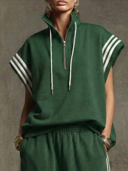Loose Sleeveless Contrast Color Drawstring Split-Joint Striped Zipper Mock Neck Blouses&Shirts Tops