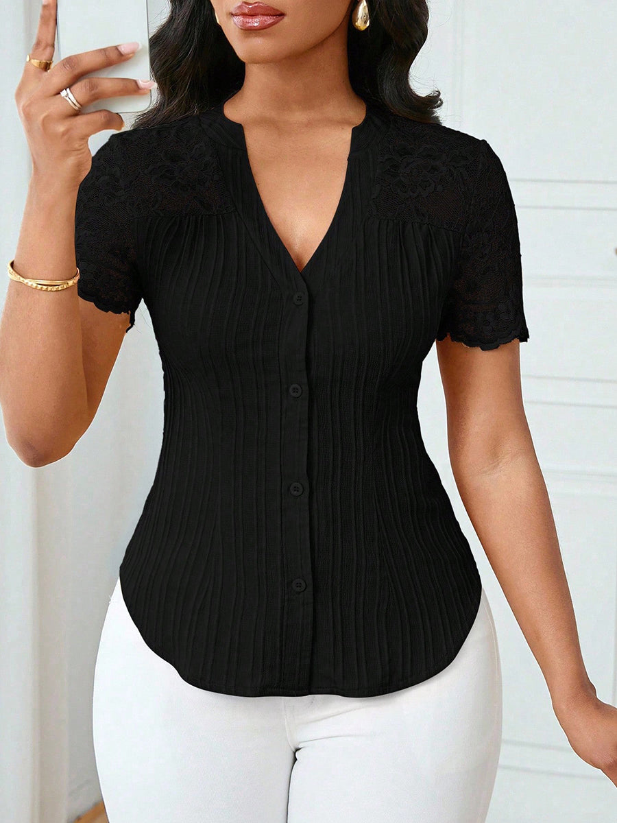 Split-Joint Solid Color Pleated Jacquard Hollow Buttoned Short Sleeves V-neck Blouses&shirts Tops