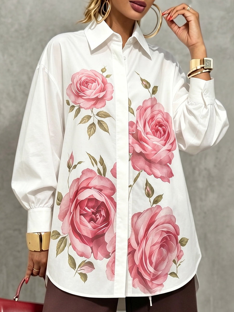 Long Sleeves Loose Buttoned Flower Print Lapel Blouses&Shirts Tops