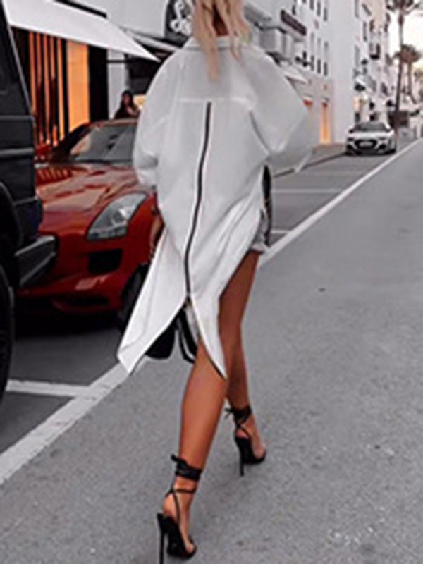 High-Low Long Sleeves Buttoned Solid Color Zipper Lapel Blouses&Shirts Tops