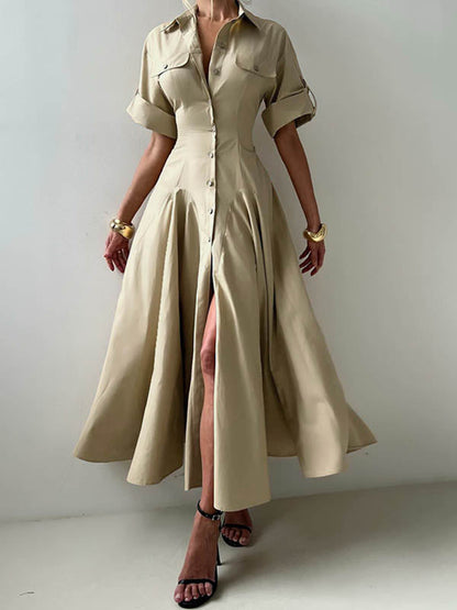 Short Sleeves Buttoned Solid Color Lapel Maxi Dresses Shirt Dress