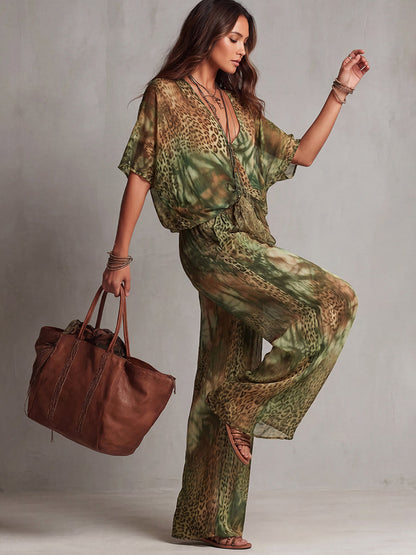 Half Sleeves Loose Contrast Color Knot Leopard Printed See-Through Deep V-Neck Blouses&Shirts Tops