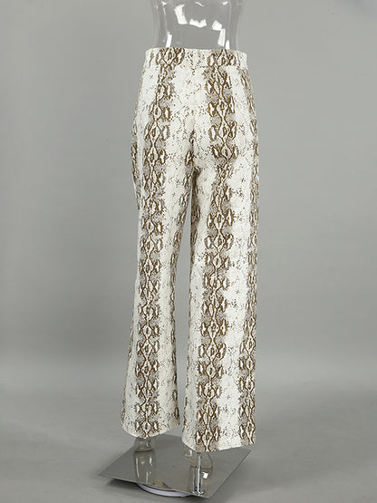 High Waisted Loose Elasticity Pockets Snakeskin Printed Pants Trousers