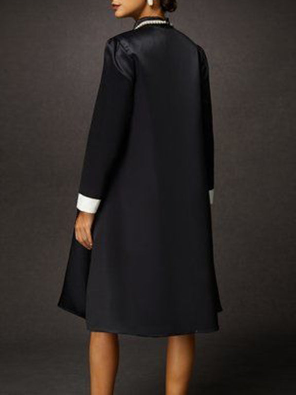 A-Line Long Sleeves Contrast Color Floral Printed Split-Joint High Neck Midi Dresses