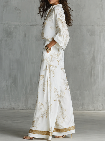 Long Sleeves Loose Butterfly Print Contrast Color Lapel Blouses&Shirts Tops