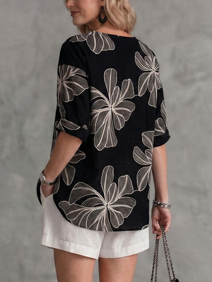 Long Sleeves Loose Contrast Color Embroidered Flower Print Round-neck T-Shirts Tops