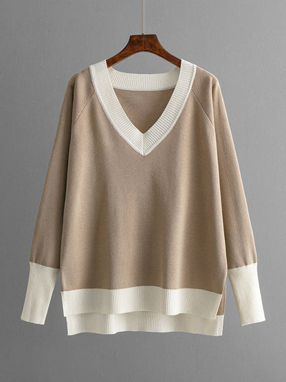 High-Low Contrast Color Split-Side V-Neck Sweater Tops + Elasticity Pants Trousers Two Pieces Set
