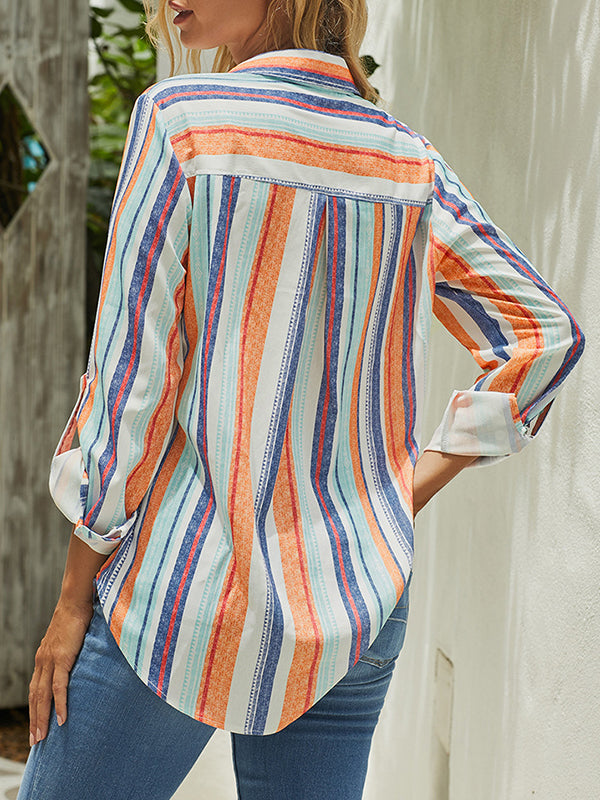 High-Low Long Sleeves Buttoned Pockets Striped Lapel Blouses&Shirts Tops