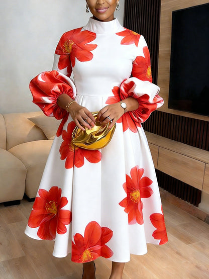 High Waisted Long Sleeves Contrast Color Elasticity Flower Print Pleated Split-Joint Mock Neck Midi Dresses