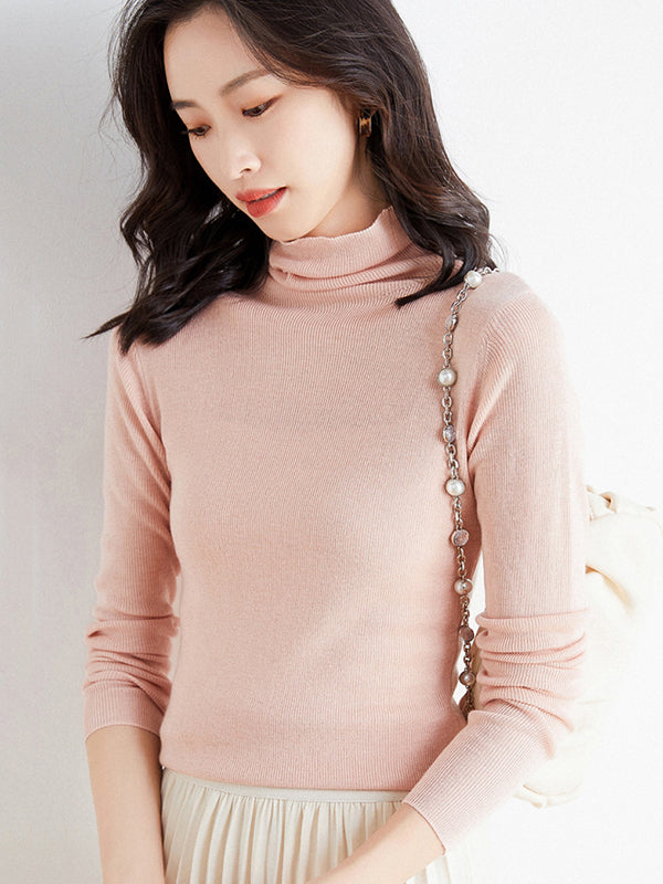 Simple Skinny Long Sleeves Solid Color High-Neck Sweater Tops Pullovers