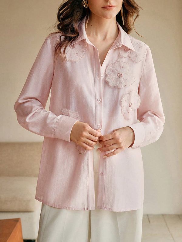 Long Sleeves Applique Split-Joint Lapel Blouses&Shirts Tops