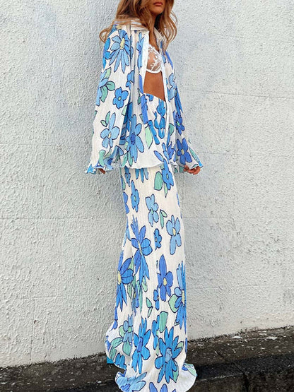 Long Sleeves Loose Buttoned Flower Print Pleated Lapel Shirts Top + Elasticity Pants Bottom Two Pieces Set