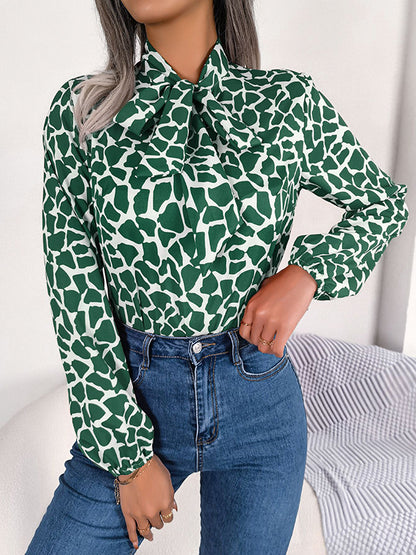 Bishop Sleeve Long Sleeves Bow-Embellished Elasticity Tied Mock Neck Blouses&Shirts Tops