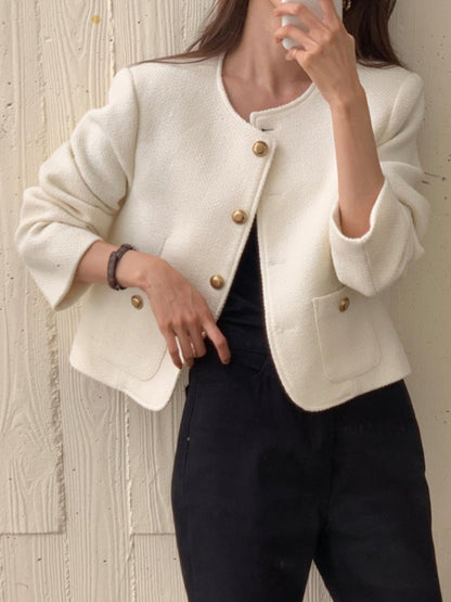 Long Sleeves Loose Buttoned Pockets Round-Neck Outerwear