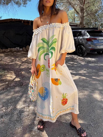 A-line Long Sleeves Contrast Color Pleated Pockets Printed Split-back Split-Joint Off-the-shoulder Maxi Dresses
