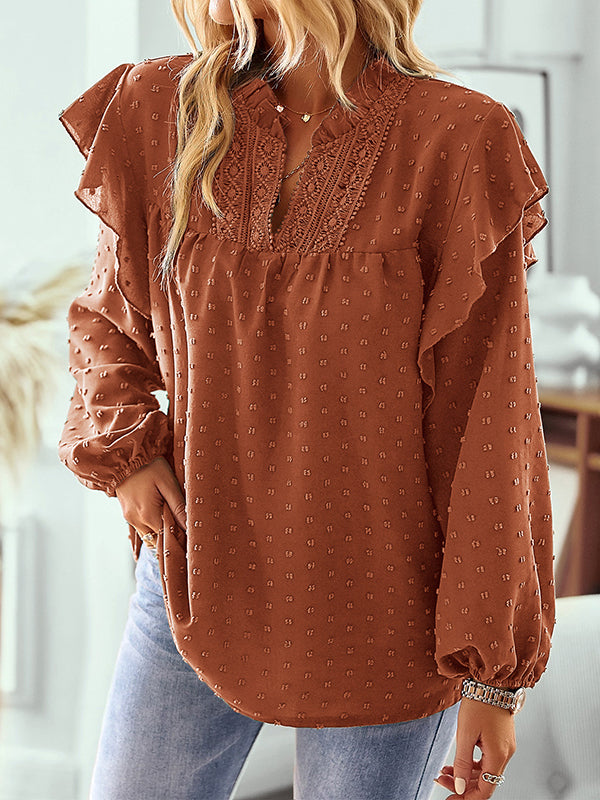 Long Sleeves Loose Elasticity Jacquard Ruffle Trim Solid Color Split-Joint V-Neck Blouses&Shirts Tops