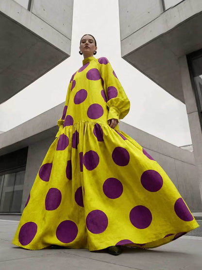 Long Sleeves Loose Big Hemline Contrast Color Pleated Polka Dot Split-Joint Half Turtleneck Maxi Dresses