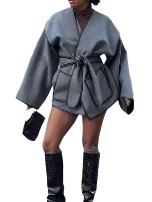 Long Sleeves Loose Pockets Solid Color Split-Joint Tied Waist V-neck Woolen Coat