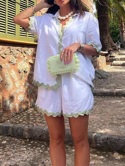 Loose Contrast Color Shirts Tops & Shorts Two Pieces Set