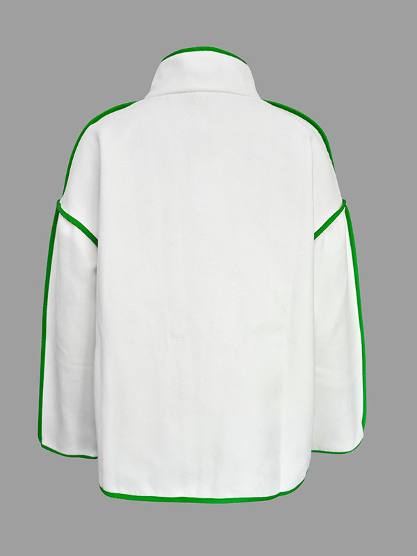 Long Sleeves Loose Buttoned Contrast Color Pockets Split-Joint Stand Collar Woolen Coat