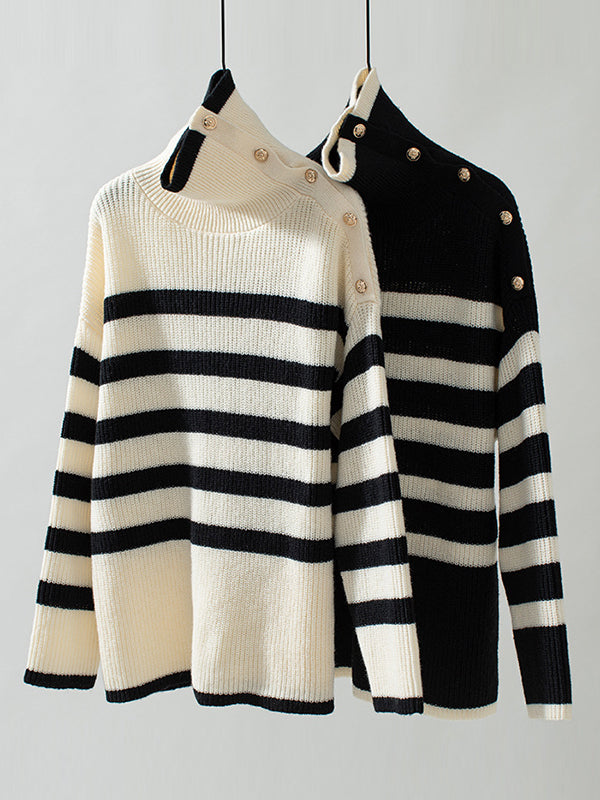 Long Sleeves Loose Buttoned Contrast Color Split-Joint Striped High Neck Pullovers Sweater Tops